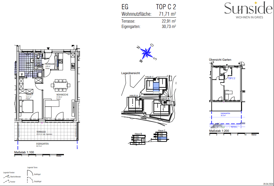 Grundriss einer Wohnung mit Terrasse und eigenem Gartenanteil sowie Lageübersicht.