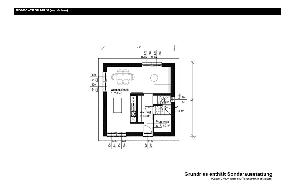 Grundriss des Erdgeschosses mit offenem Wohn-Essbereich, Gäste-WC und Technikraum.
