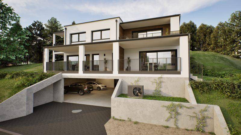 Ansicht der modernen Wohnanlage mit integrierter Tiefgarage und großzügigen Balkonen.