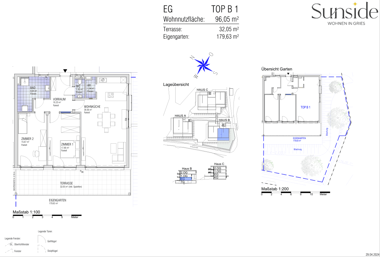 Detaillierter Grundriss der Wohnung TOP B 1 mit Wohnfläche, Terrasse und Eigengarten.