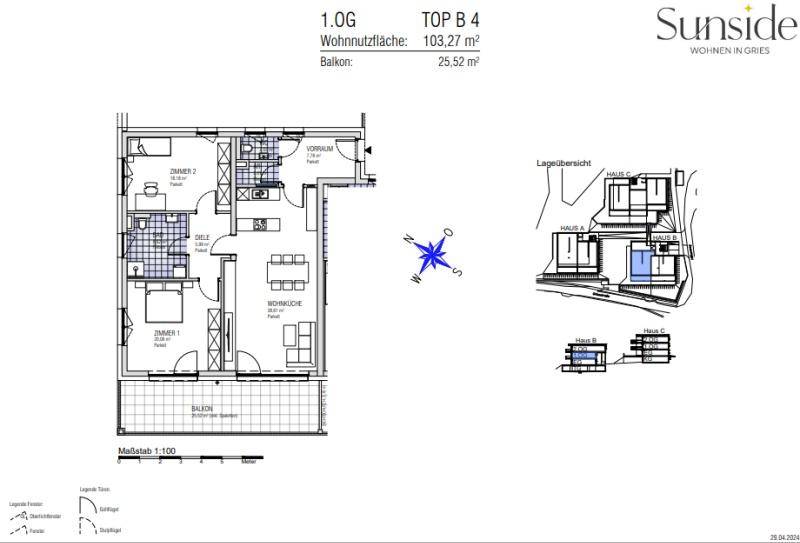 Grundriss einer Wohnung im ersten Obergeschoss mit Wohnfläche und Balkon.