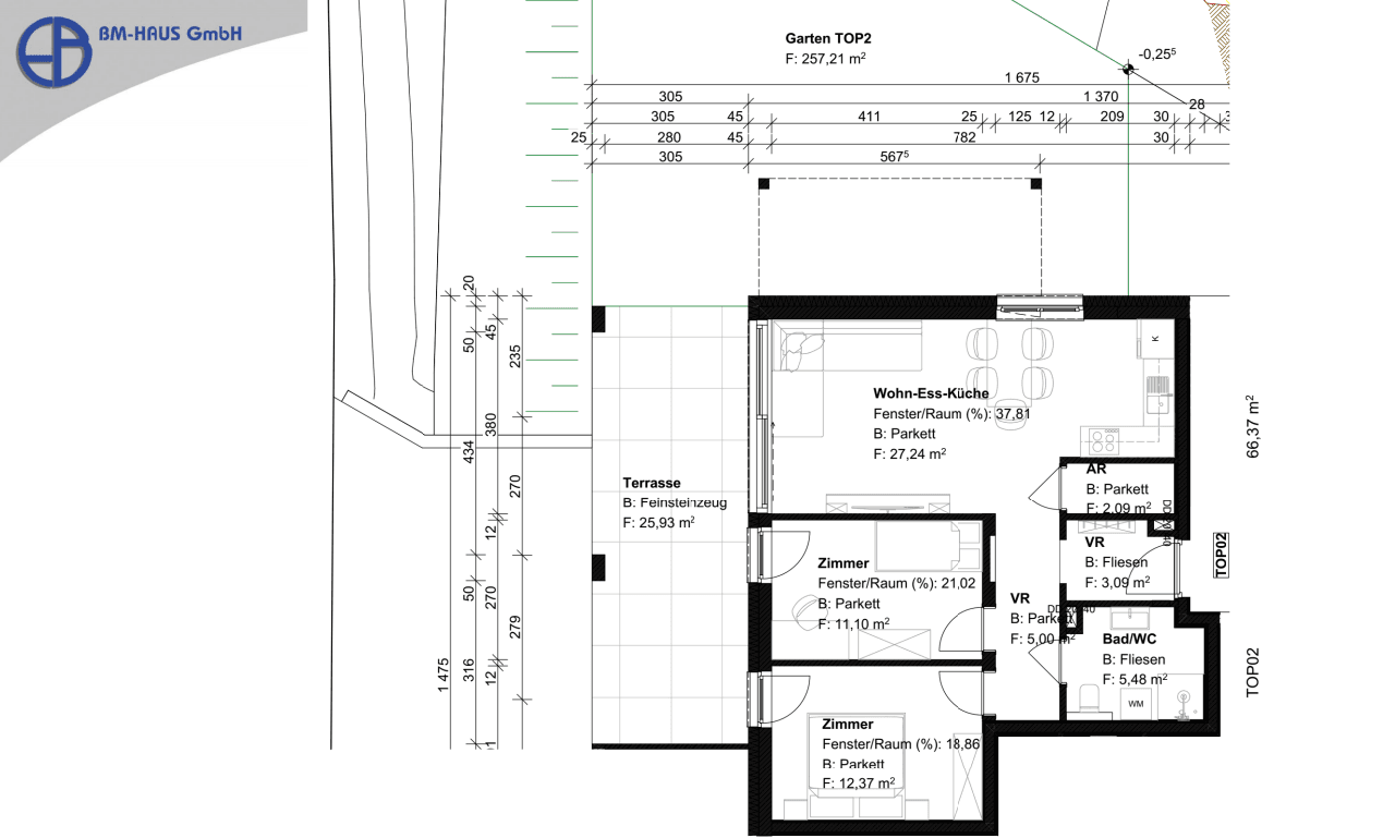 Grundriss einer Wohnung mit Wohn-Ess-Küche, zwei Zimmern, Bad und Terrasse.
