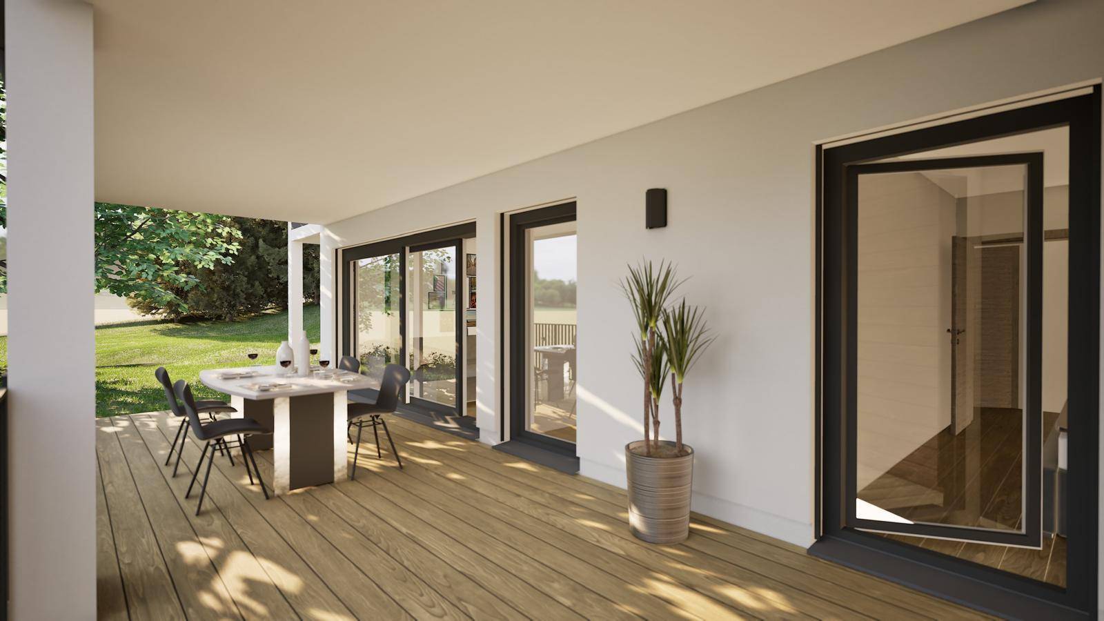 Überdachte Terrasse mit Holzboden und Esstisch, ideal für Mahlzeiten im Freien.