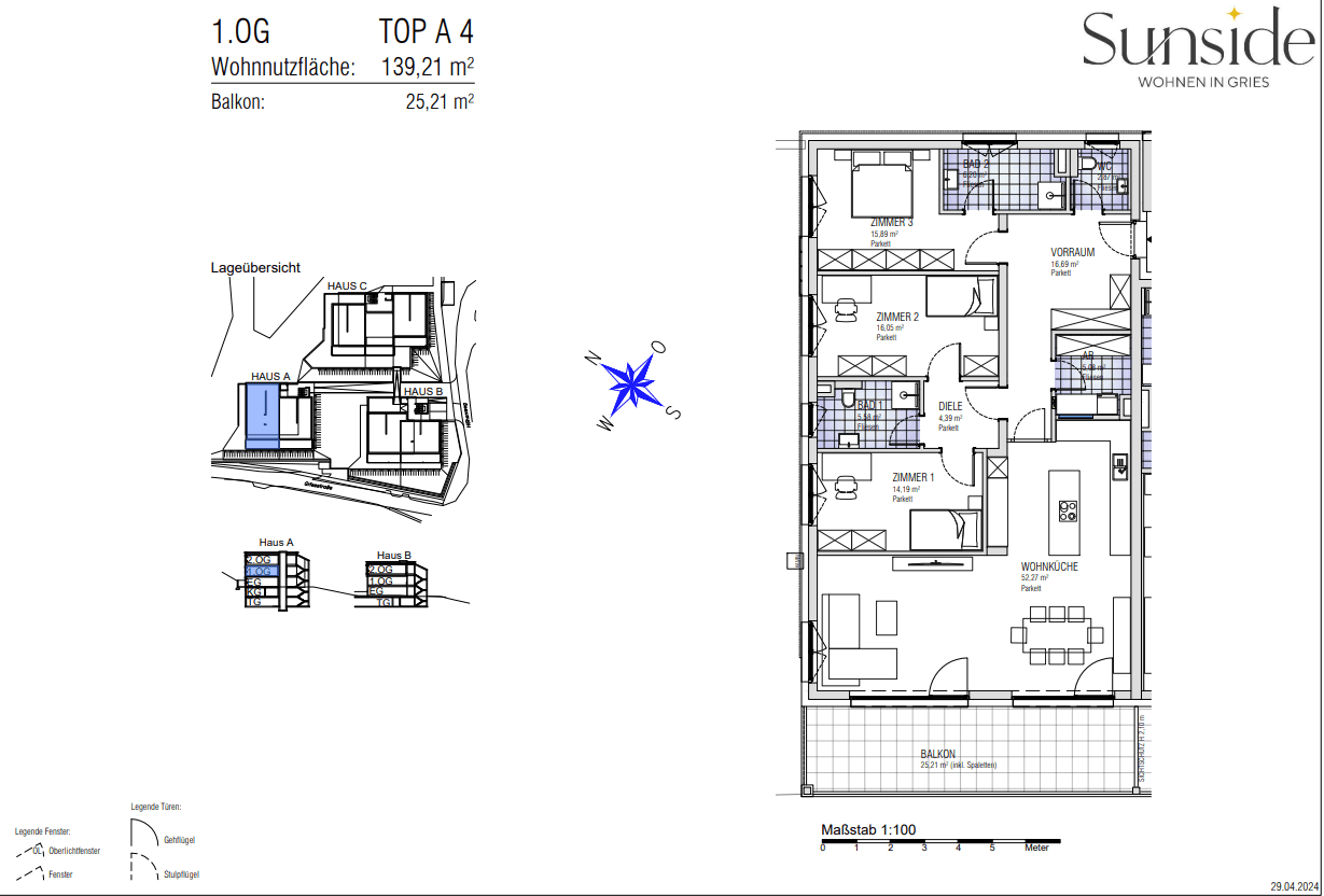 Grundriss der Wohnung TOP A 4 mit drei Zimmern, Balkon und Wohnnutzfläche von 139,21 m².