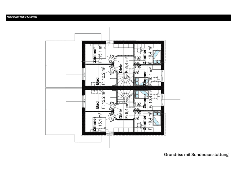 Grundriss des Obergeschosses mit mehreren Schlafzimmern und Badezimmern für die beiden Wohneinheiten.