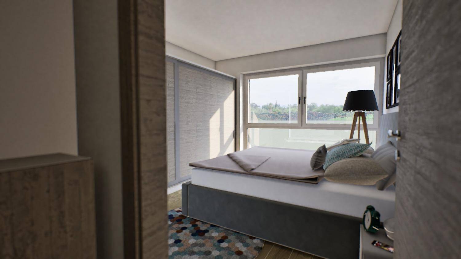 Schlafzimmer mit großem Fenster, modernem Bett und Holzboden.