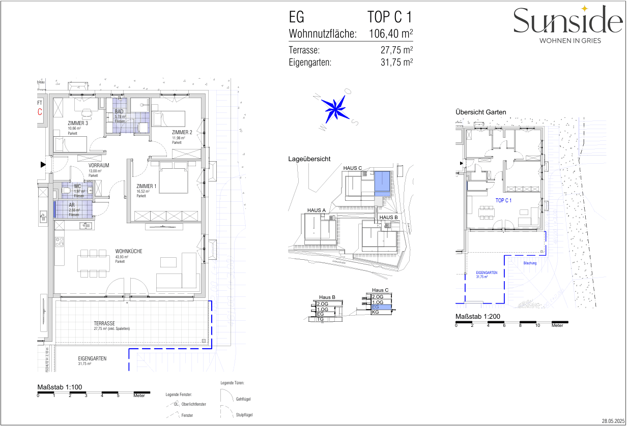 Grundriss der Erdgeschosswohnung TOP C 1 mit Wohnküche, drei Zimmern, Bad und eigenem Garten.