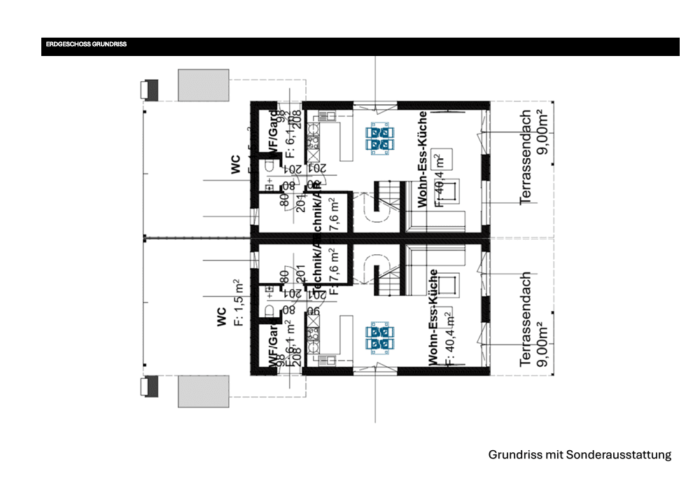 Grundriss des Erdgeschosses mit offenem Wohn-Essbereich, integrierter Küche und direktem Terrassenzugang.