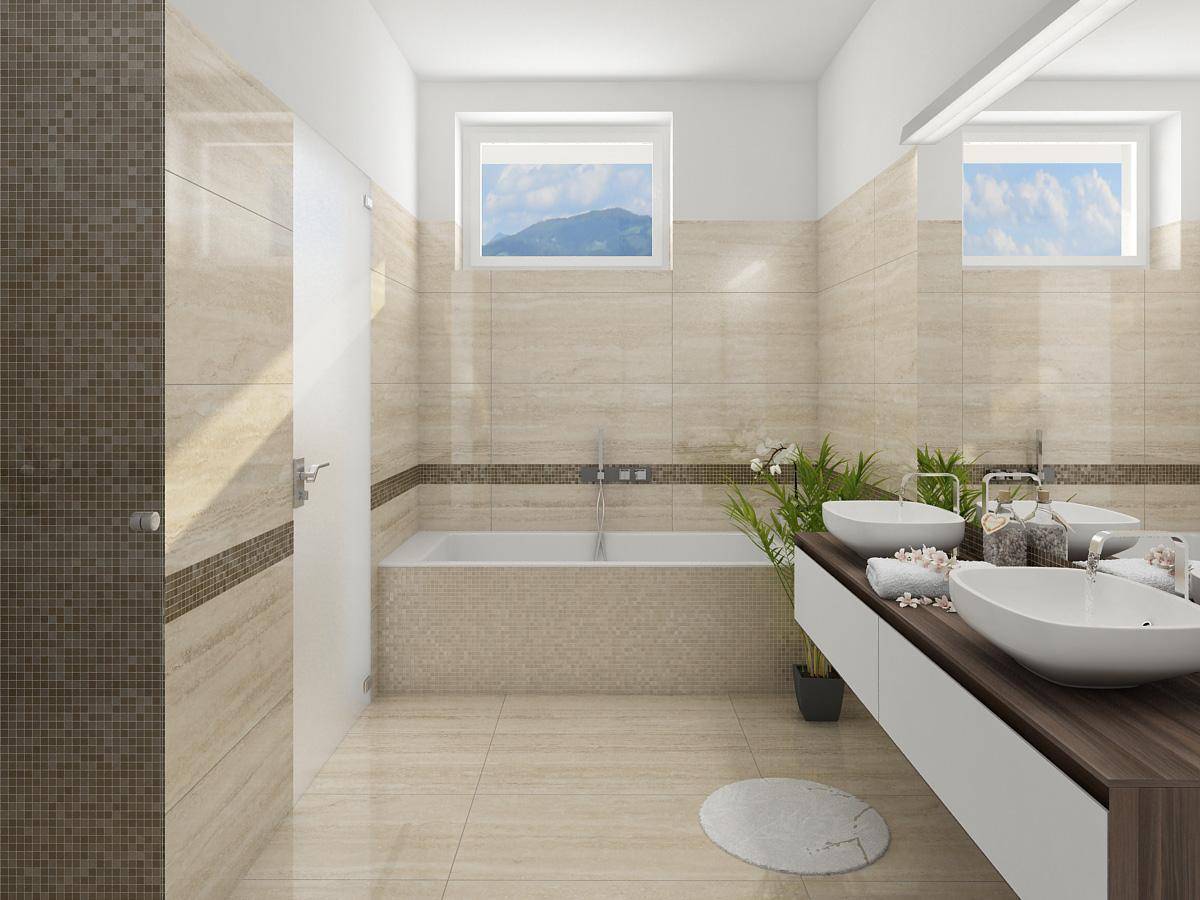 Modernes Badezimmer mit beigefarbenen Fliesen, Doppelwaschbecken und Badewanne unter dem Fenster.