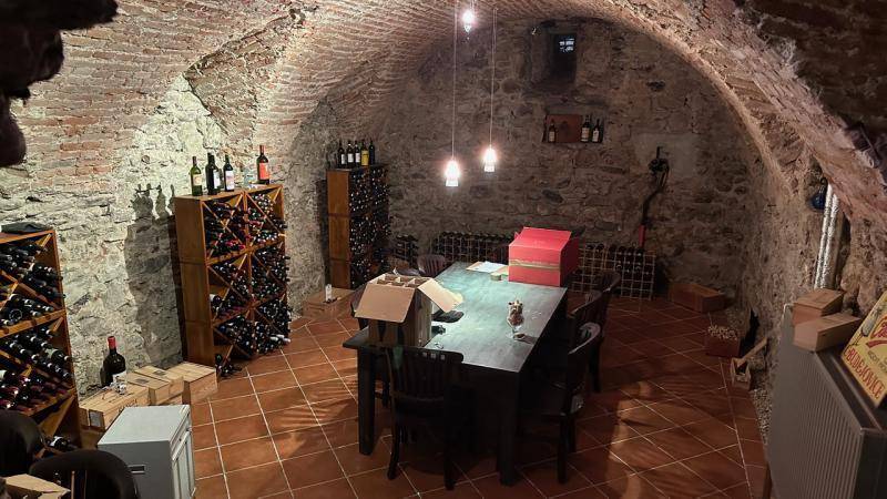 Historischer Weinkeller mit Steinmauern, Gewölbedecke und Weinregalen.