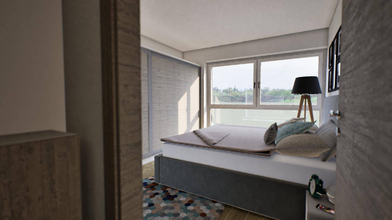 Helles Schlafzimmer mit großem Fenster, Holzboden und modernem Bett.