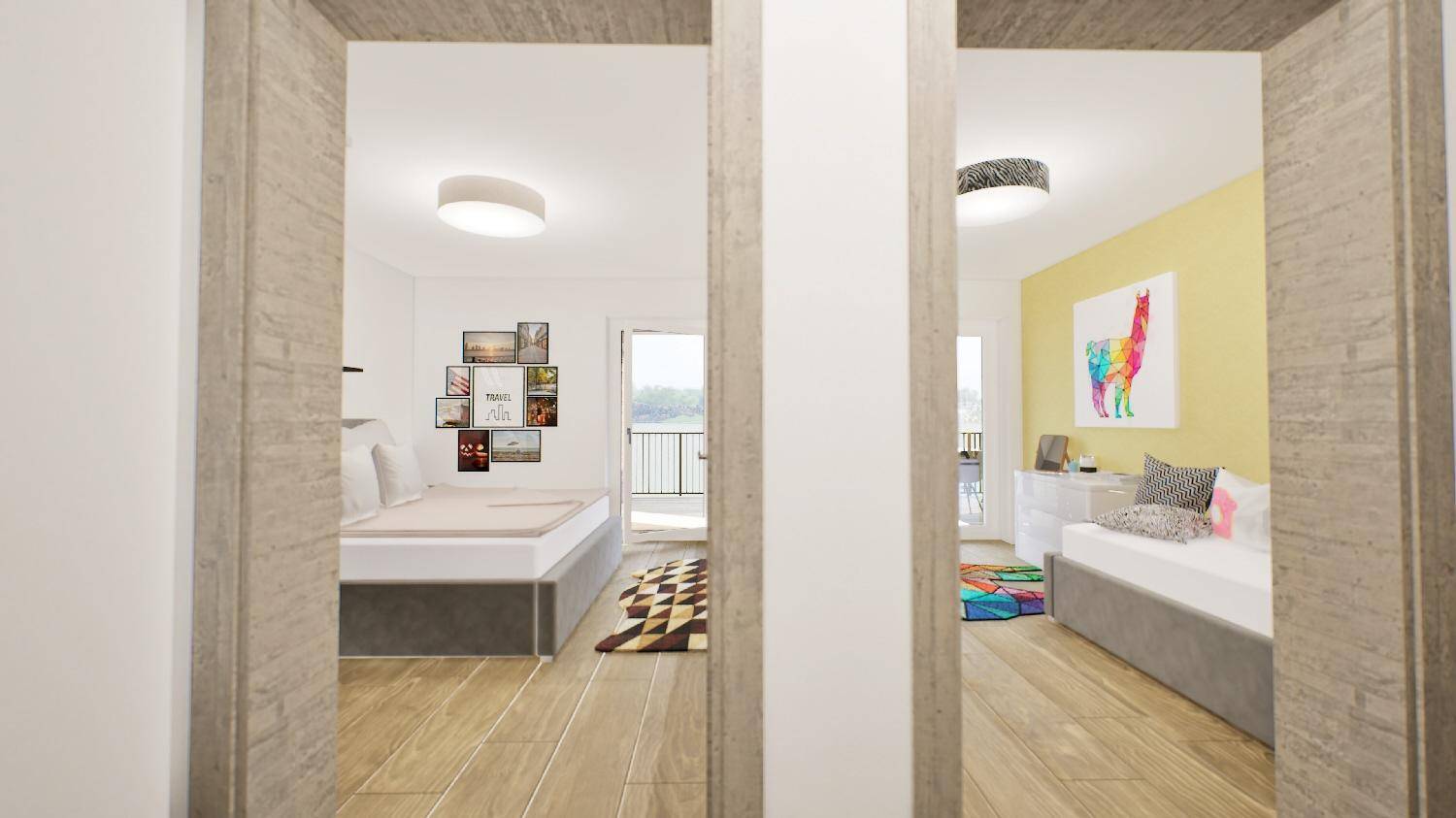 Zwei helle Schlafzimmer mit modernen Möbeln und Holzboden, eines davon mit Balkonzugang.
