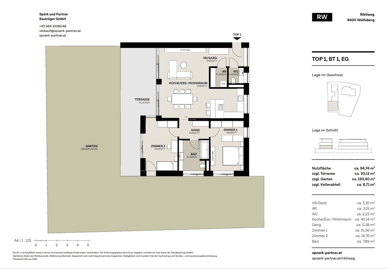 Grundriss der Wohnung TOP 1 im Erdgeschoss mit Terrasse und Garten.