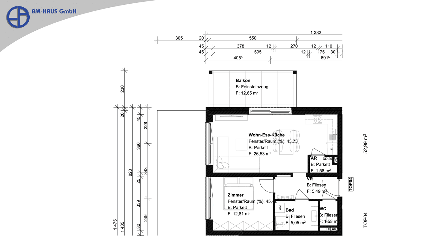 Detaillierter Grundriss einer Wohnung mit Wohn-Ess-Küche, Schlafzimmer und Balkon.
