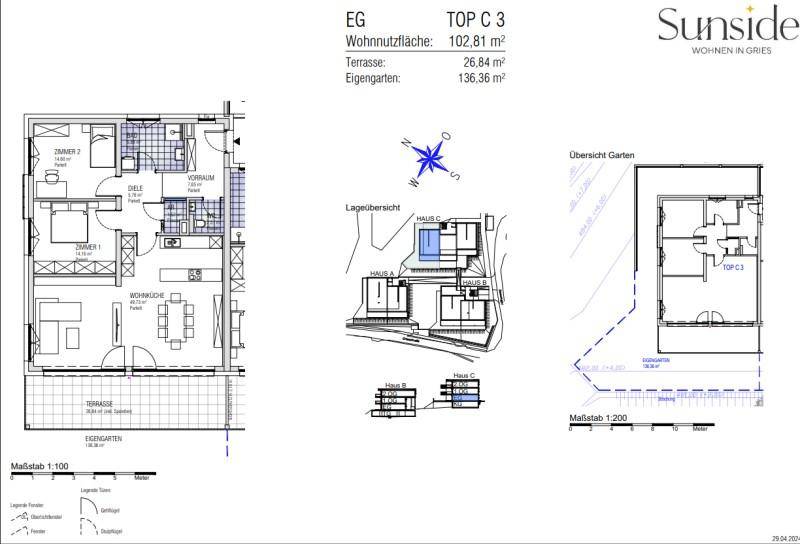 Grundriss einer Wohnung mit Wohnküche, zwei Schlafzimmern, Terrasse und Eigengarten.