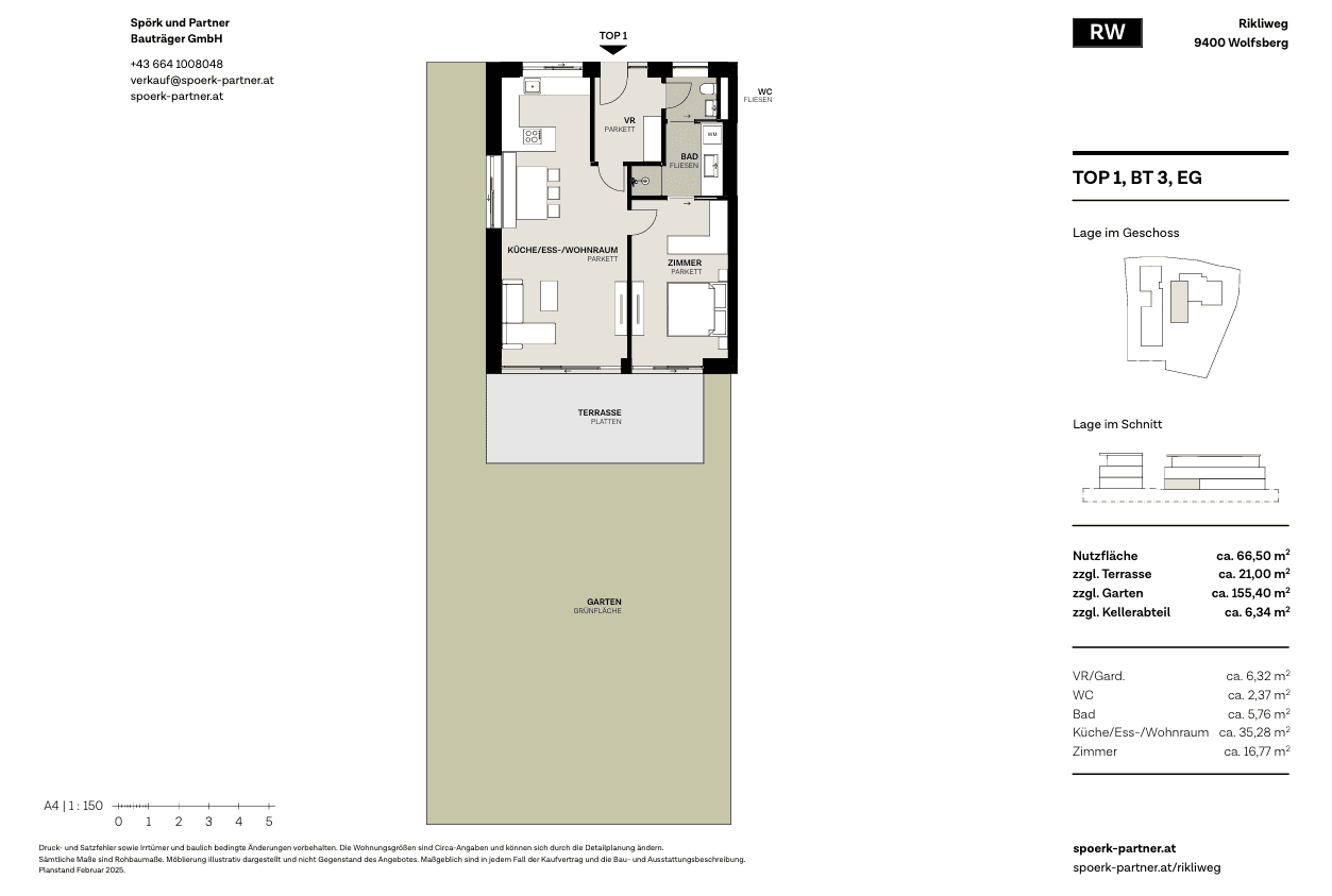 Grundriss der Wohnung TOP 1 mit Terrasse, Garten und offenem Wohn-Essbereich.