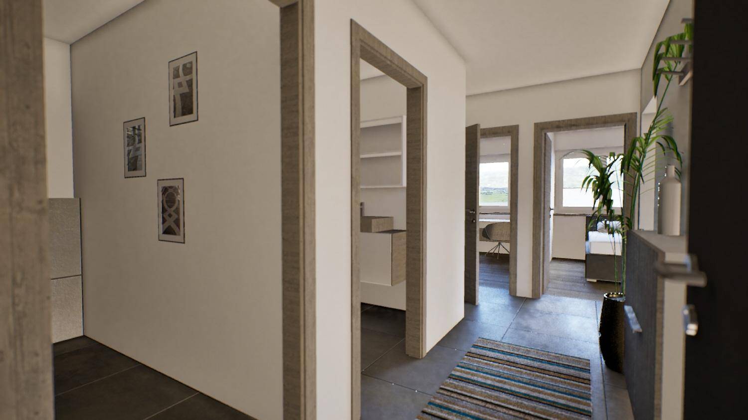 Heller Flur mit modernen Türen und Blick in angrenzende Wohnbereiche.