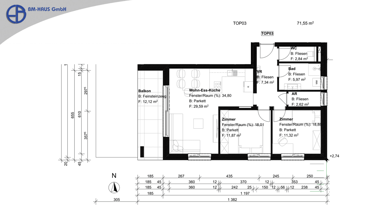 Detaillierter Grundriss der Wohnung TOP03 mit Balkon und drei Zimmern.