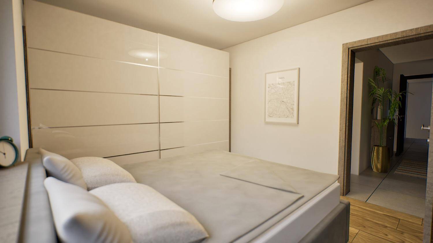 Schlafzimmer mit großem Bett, integriertem Schrank und modernem Design.