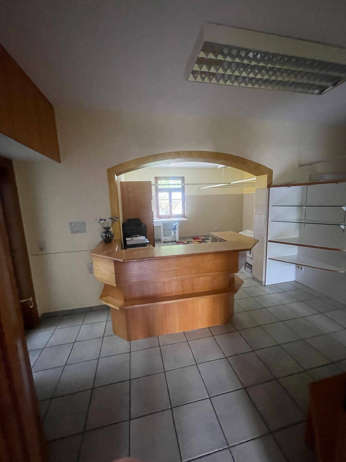 Empfangsbereich mit Holztheke, Regalen und Blick durch ein Fenster in den Nebenraum.