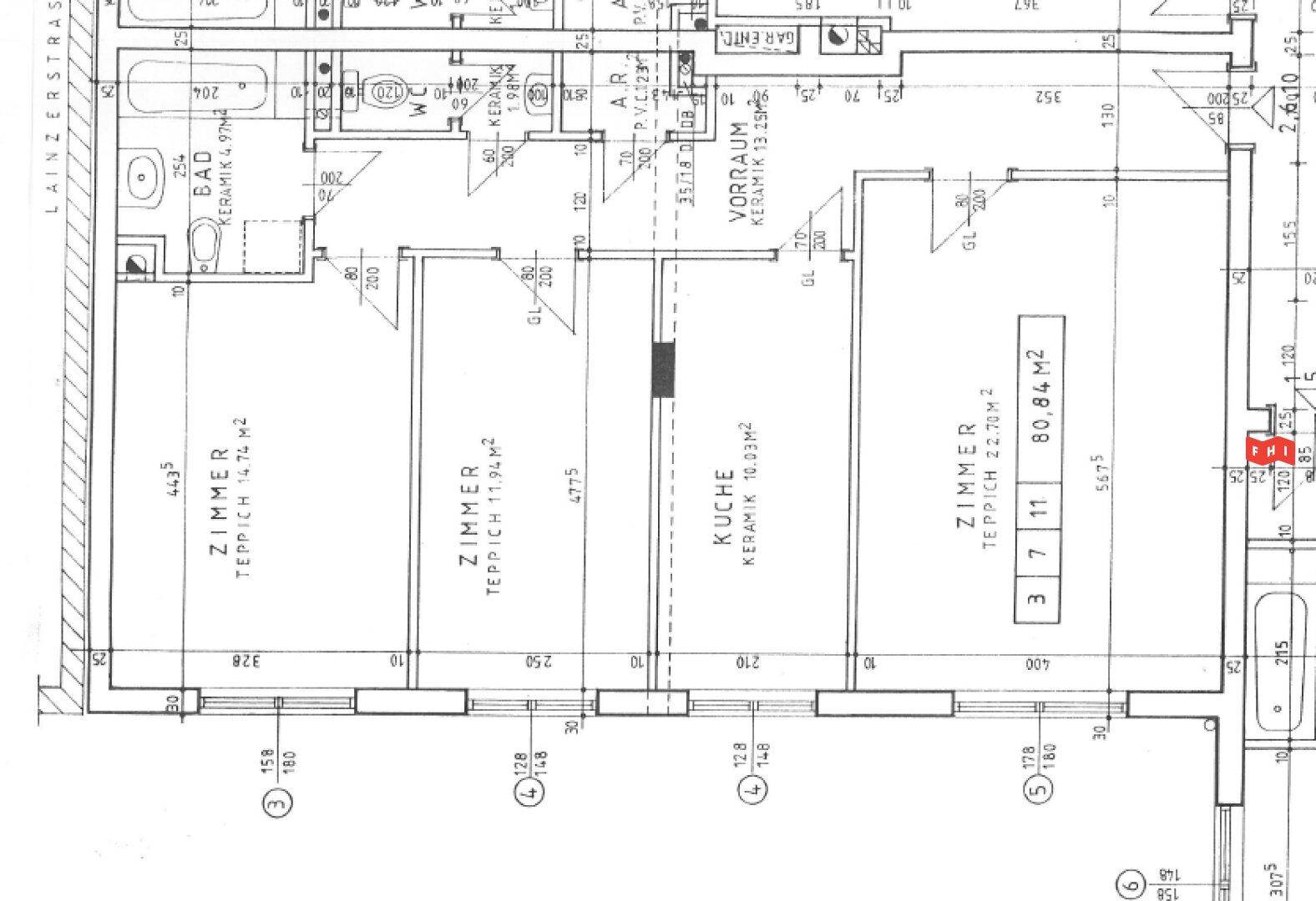 Grundrissplan einer Wohnung mit Zimmern, Küche, Bad und Vorraum, inklusive Maße.