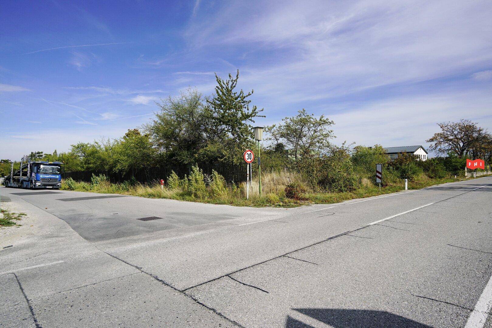 Blick auf die Zufahrtsstraße und das bewachsene Grundstück an einer Kreuzung mit Geschwindigkeitsbegrenzung.