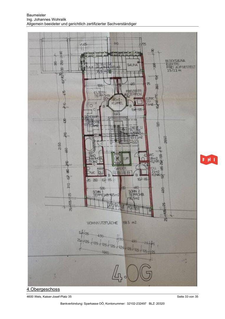 Grundriss des 4. Obergeschosses mit Sauna, mehreren Bädern und Terrassen.