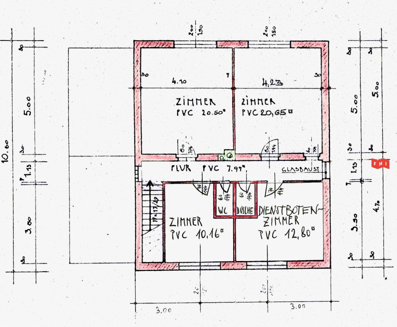 Grundriss des Obergeschosses mit drei Zimmern, Flur und Badezimmer.