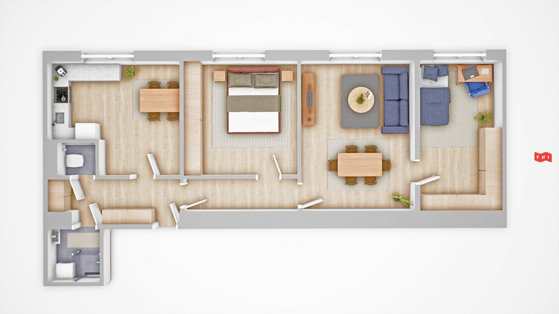 Moderner Grundriss einer Wohnung mit offenem Wohnbereich, Schlafzimmer und Balkonzugang.