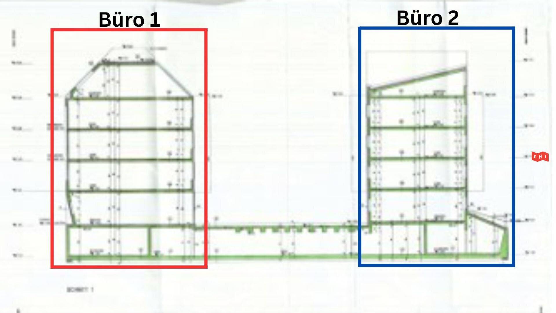 Zwei Bürogebäude verbunden über einen Erschließungsgang
