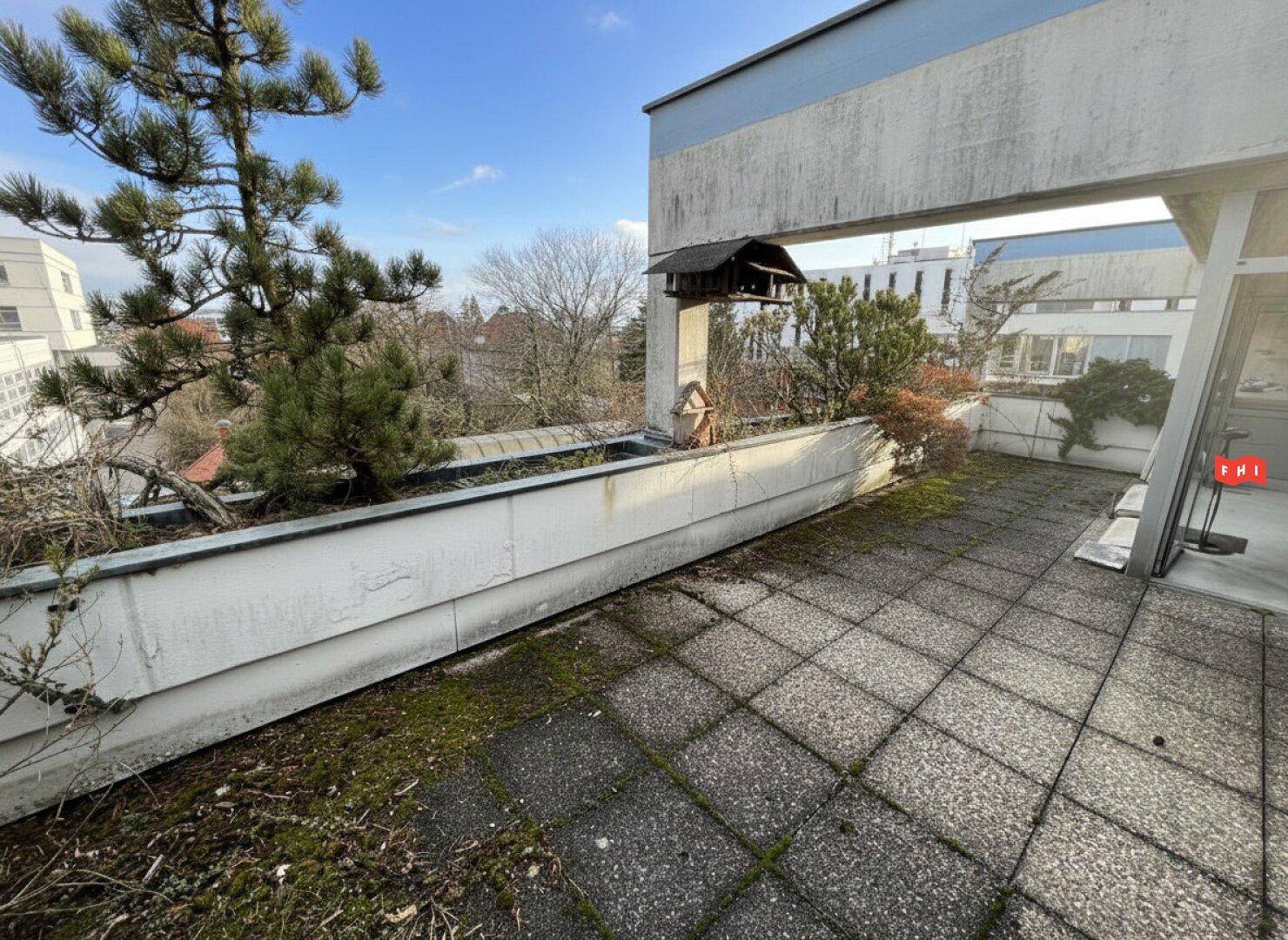 Große, ungenutzte Dachterrasse mit Betonplatten, umgeben von niedrigen Mauern und Bäumen.