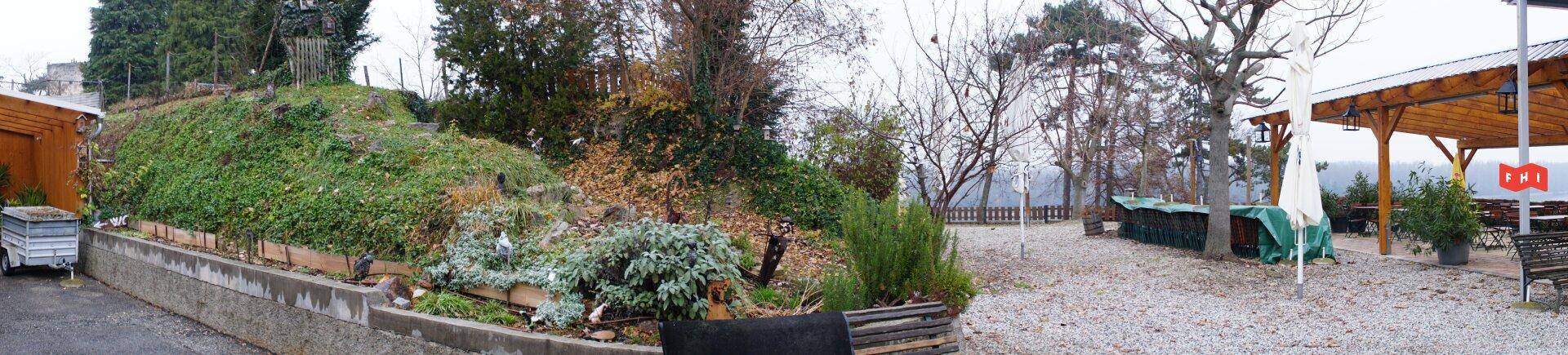 Panoramablick auf einen weitläufigen Gartenbereich mit bewachsenem Hang und einer überdachten Terrasse im Hintergrund.