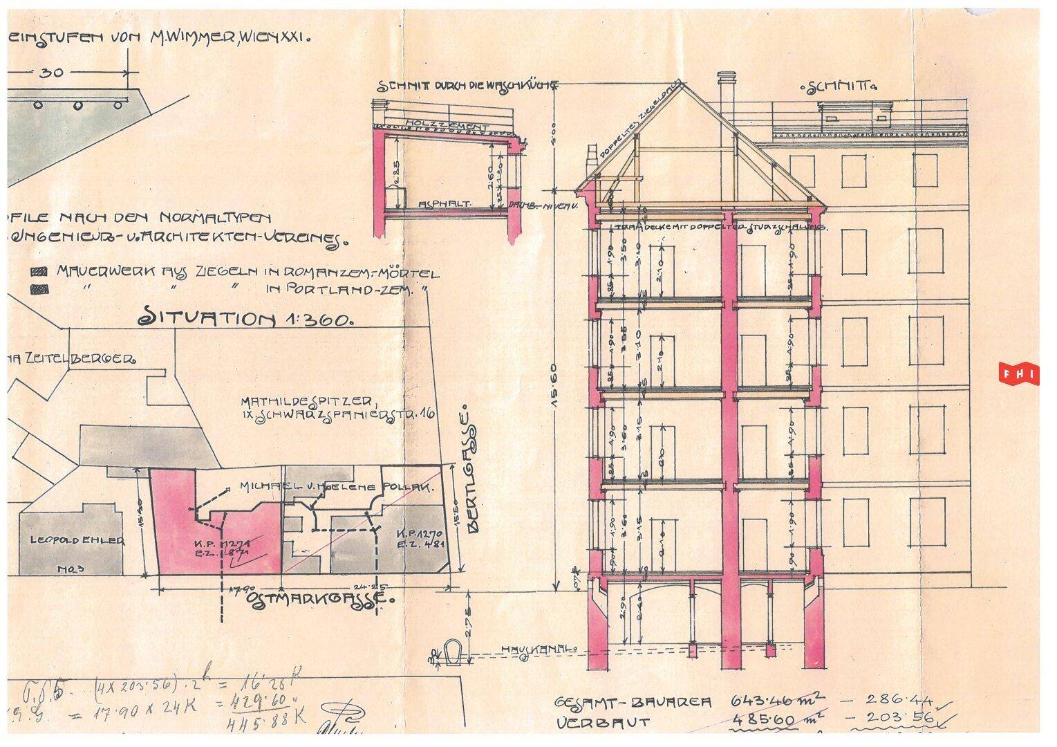 Historischer Gebäudeschnittplan, der die vertikale Struktur und die verschiedenen Stockwerke des Hauses zeigt.