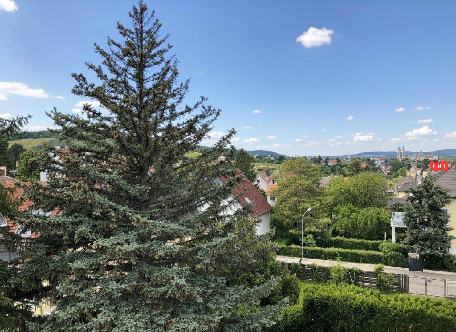 Weitblick über eine grüne Landschaft mit Bäumen und einer Stadt in der Ferne unter blauem Himmel.