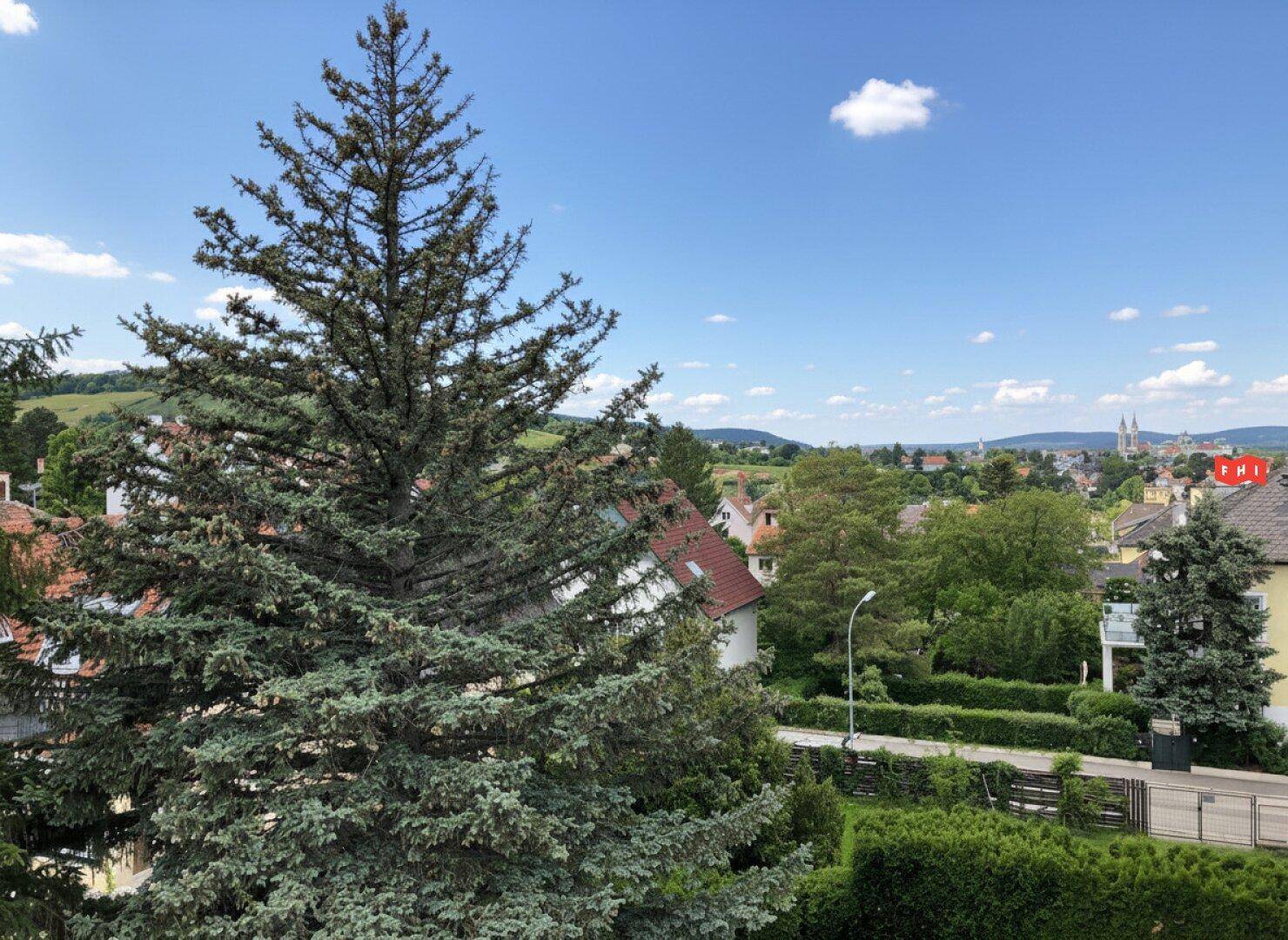 Weitblick über eine grüne Landschaft mit Bäumen und einer Stadt in der Ferne unter blauem Himmel.