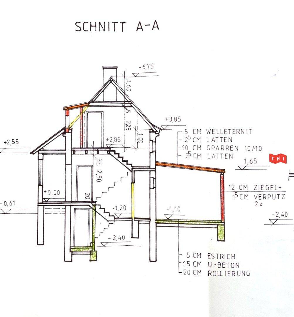 Architektonischer Schnitt des Gebäudes zeigt die verschiedenen Stockwerke und Dachkonstruktion.