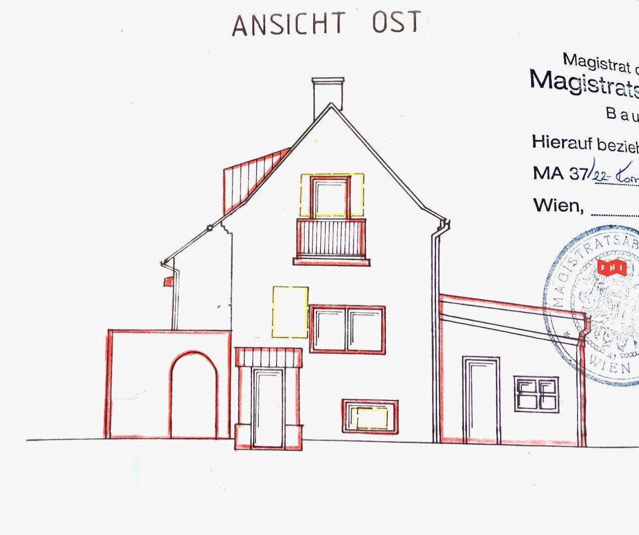 Ostansicht des Hauses mit Balkon und Fenstern, Teil eines offiziellen Bauplans.