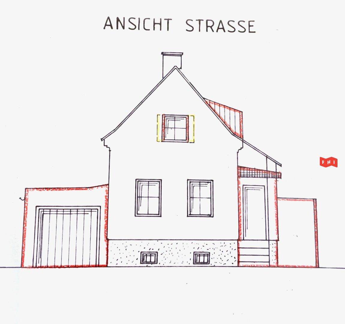 Straßenansicht des Hauses mit Garagentor und Fenstern, detailliert im Bauplan dargestellt.
