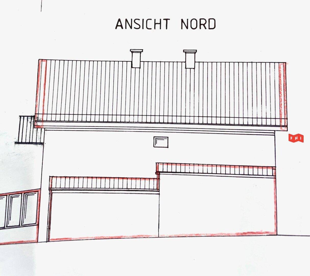 Nordansicht des Gebäudes mit Dach und Geländern, wie im Bauplan skizziert.
