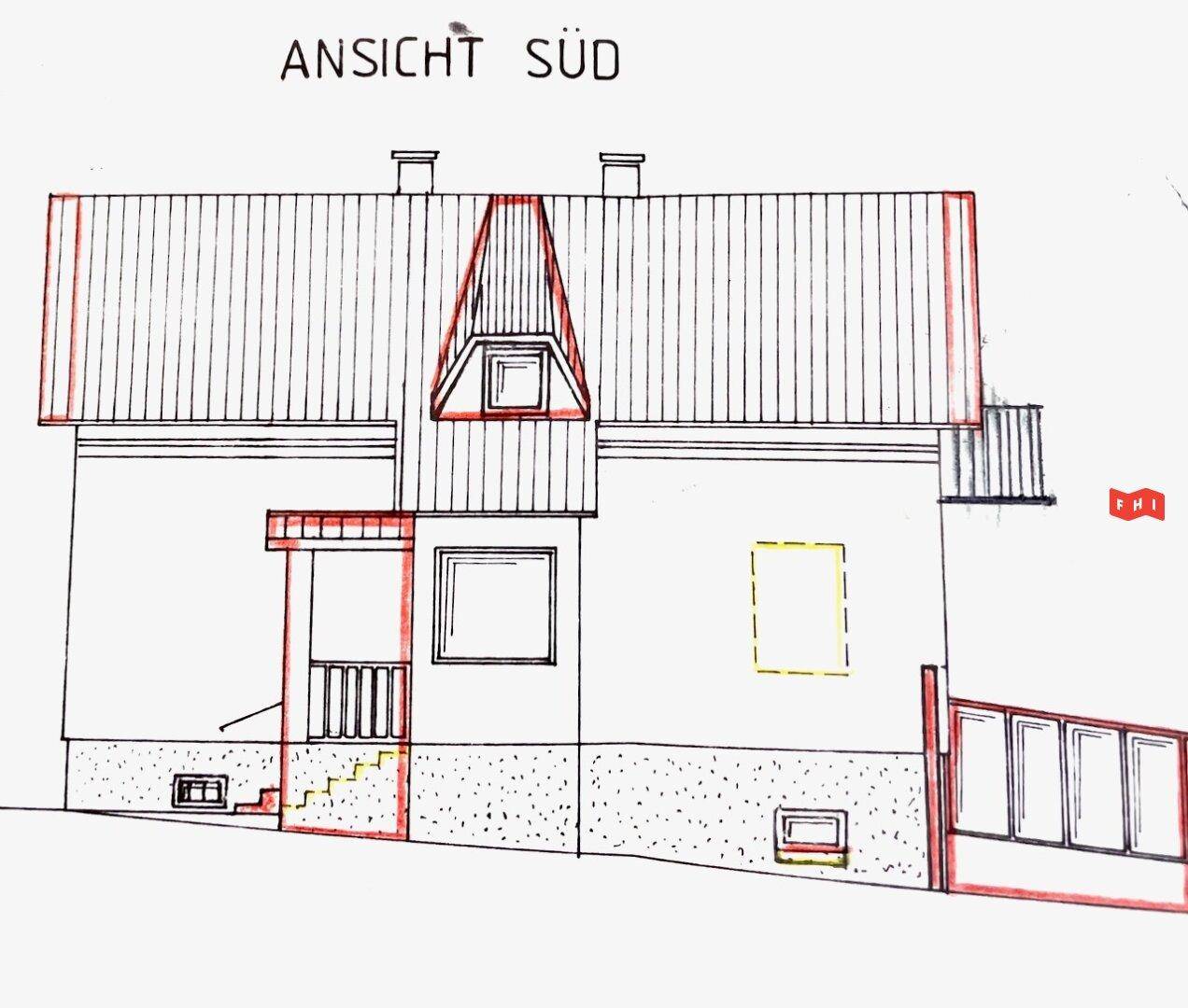 Südansicht des Hauses mit Gaube und verschiedenen Fenstern, detailliert im Bauplan.