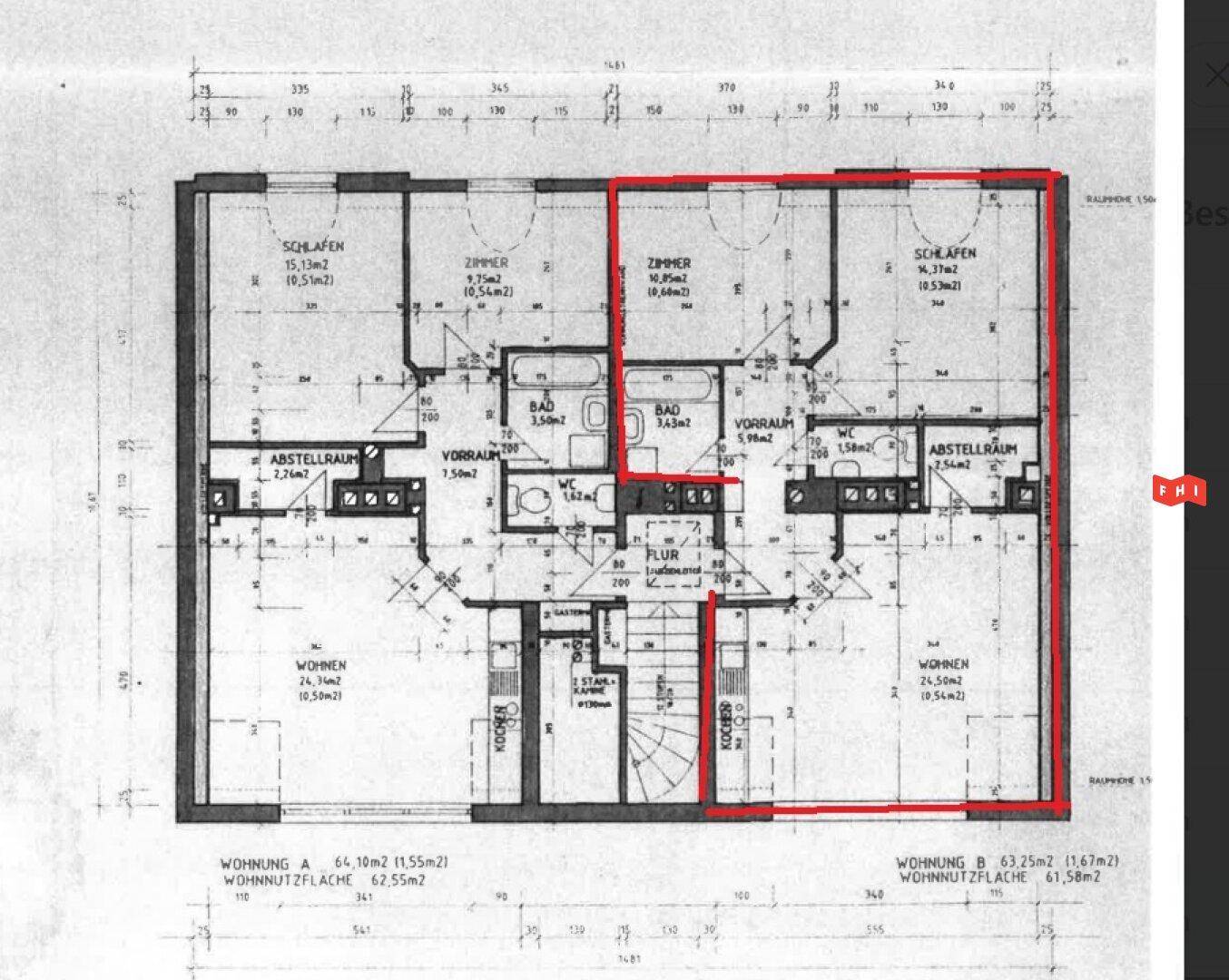 Grundrissplan einer Wohnung mit zwei Schlafzimmern und offenem Wohnbereich.