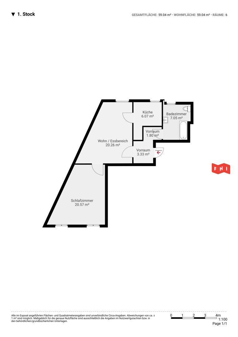 Grundriss des 1. Stocks mit Wohn-/Essbereich, Schlafzimmer, Küche und Bad auf 59,04 m².