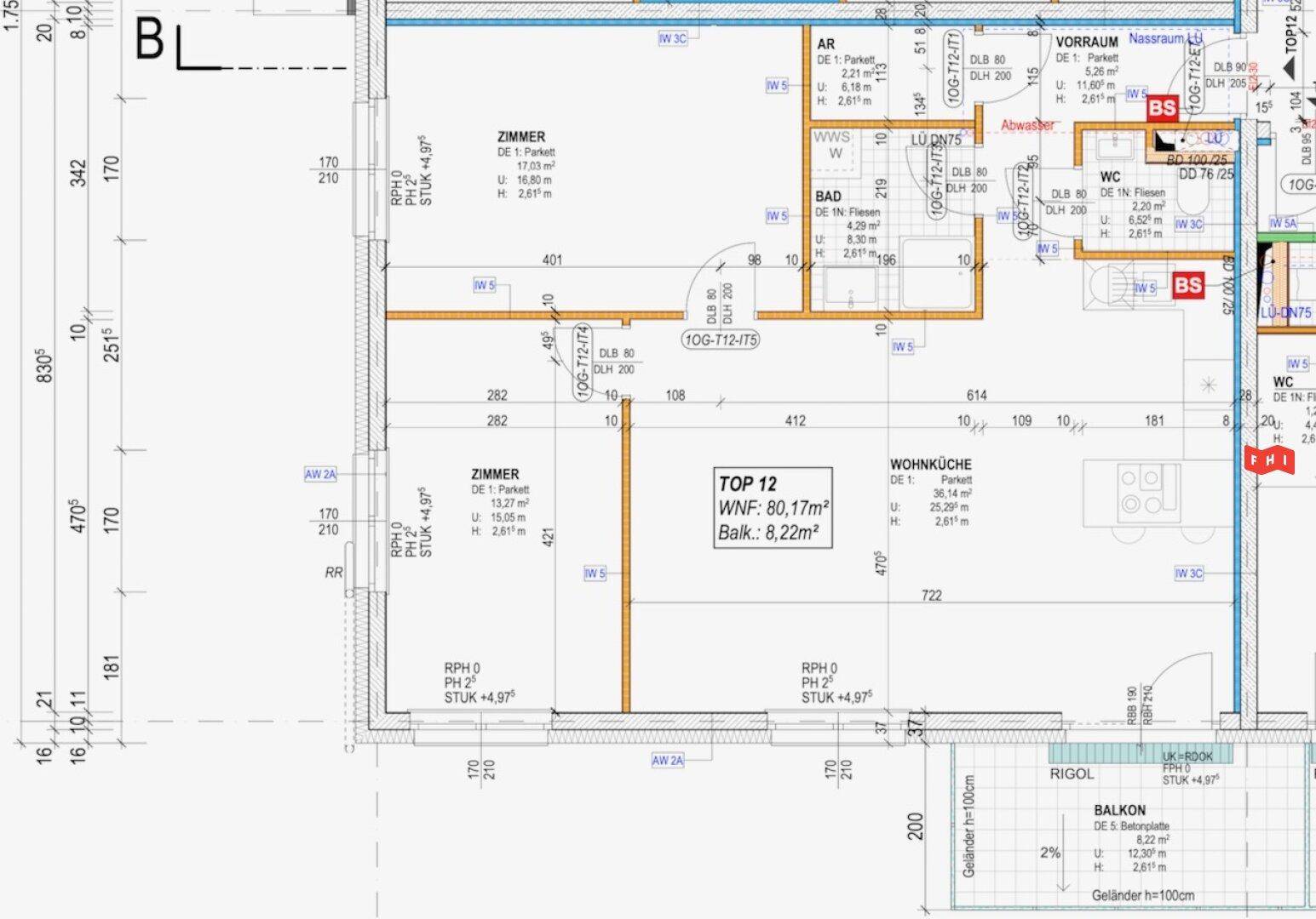 Detaillierter Grundriss einer Wohnung mit Wohnküche, zwei Zimmern und Balkonzugang.