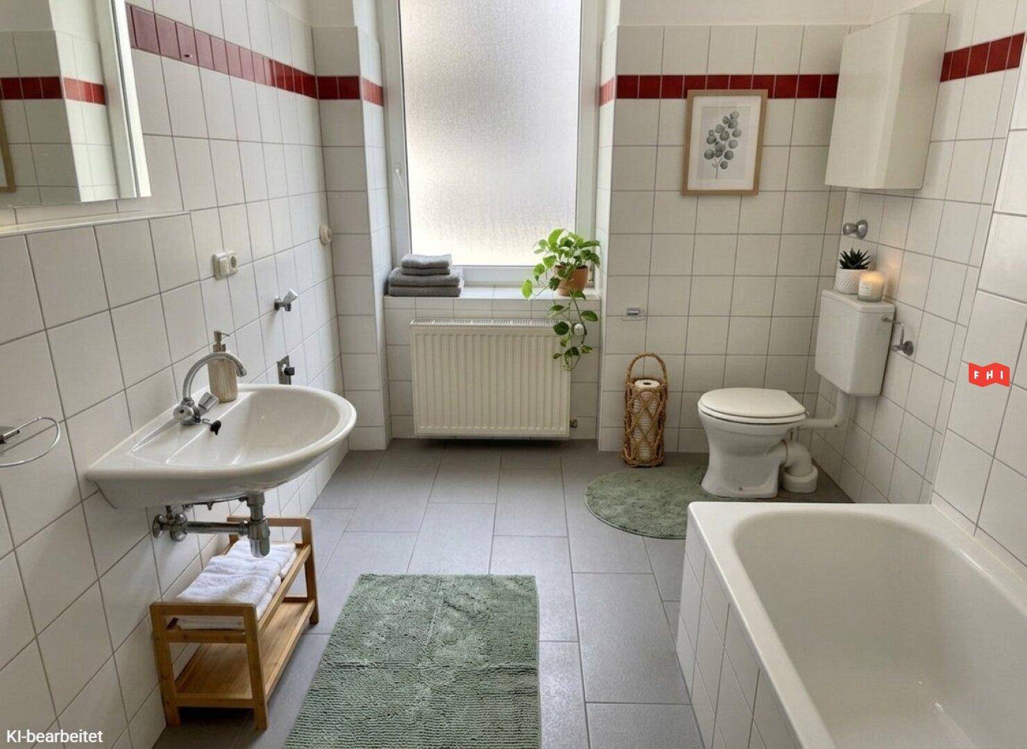 Helles Badezimmer mit Badewanne, WC, Waschbecken und Fenster für natürliche Belüftung.