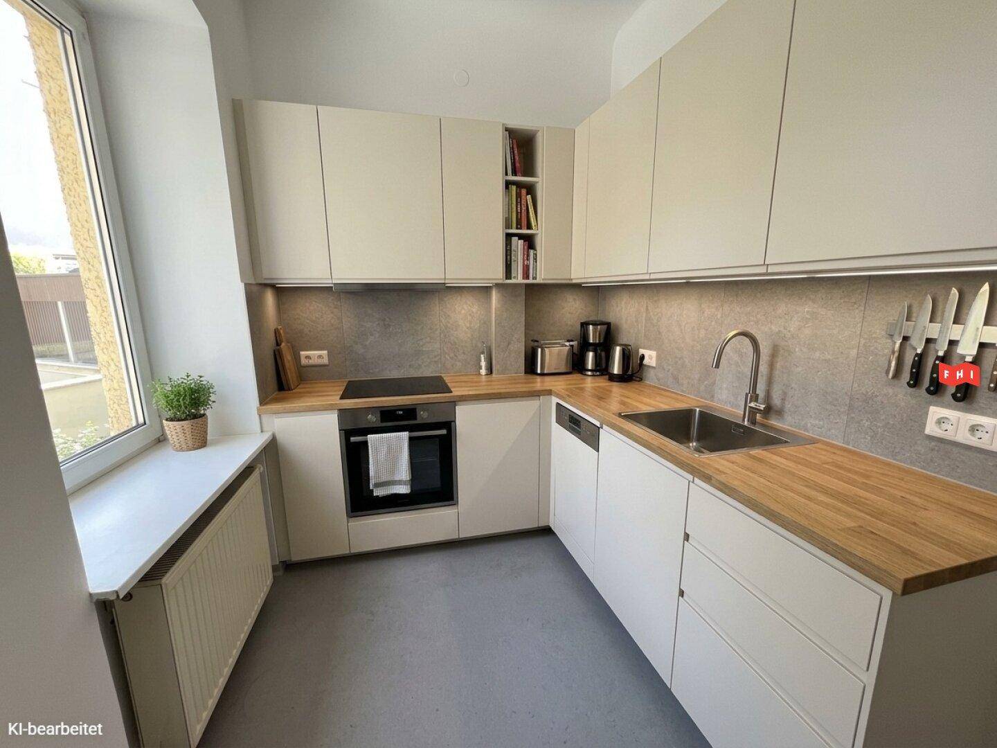 Moderne Einbauküche in hellem Design mit Holz-Arbeitsplatten und Fenster für Tageslicht.