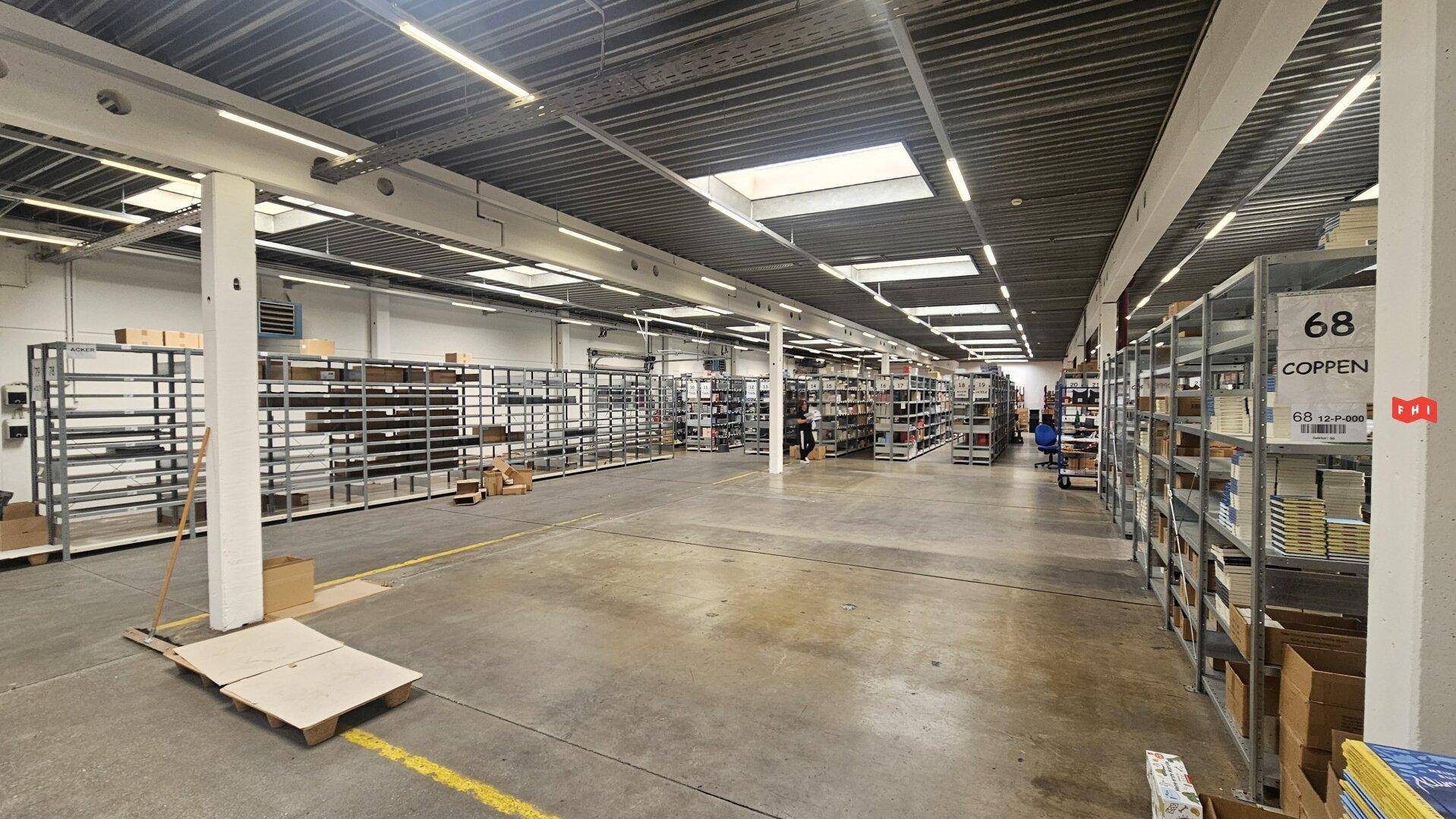 Geräumige Lagerhalle mit hohen Regalen, Betonboden und Oberlichtern für Tageslicht.