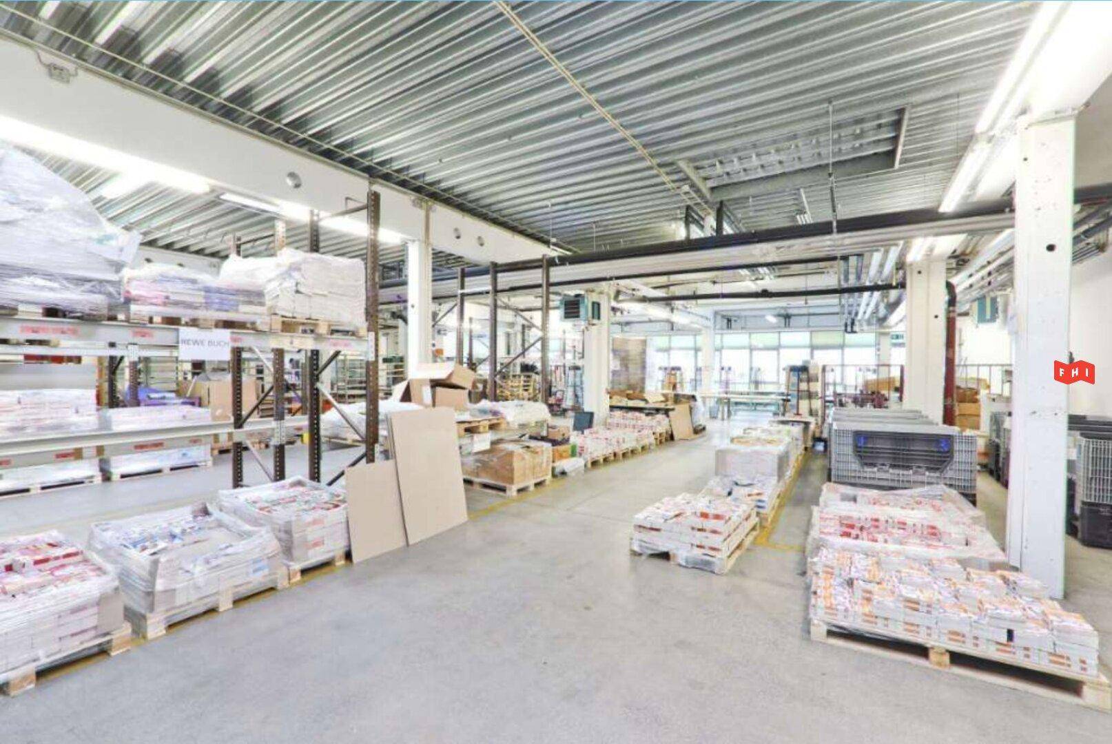 Geräumige Lagerhalle mit Betonboden, Metallregalen und Waren auf Paletten, gut beleuchtet durch Deckenleuchten.