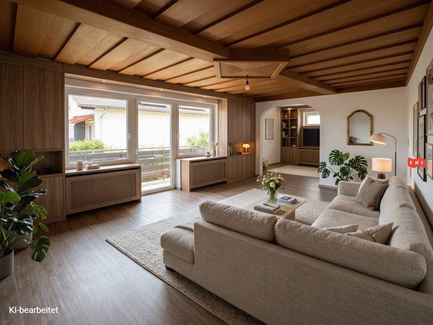 Gemütliches Wohnzimmer mit Holzbalkendecke, großem Sofa und Blick in den Garten.
