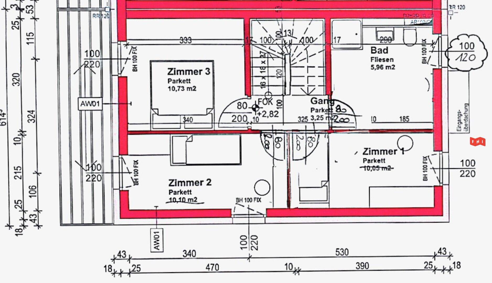 Grundriss des Obergeschosses mit drei Schlafzimmern, einem Badezimmer und Treppenaufgang.