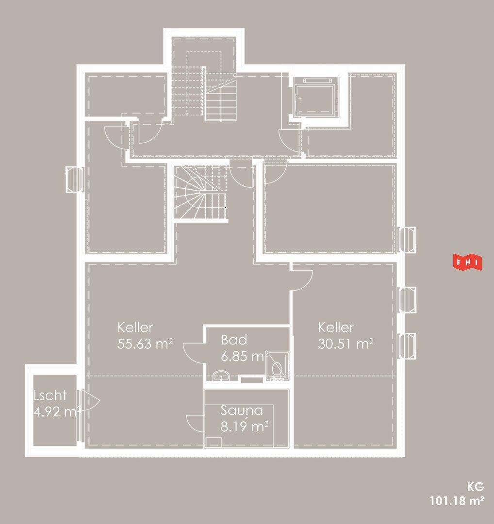 Grundriss des Kellergeschosses mit Kellerräumen, Bad und Sauna.